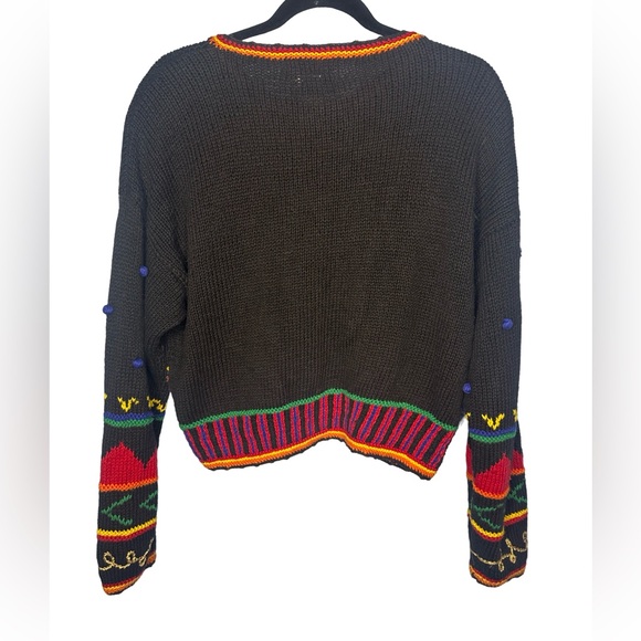 Colorful Expressive Womans Cardigan Sweater Size M Black Red Yellow & Blue Wool - Picture 3 of 7